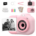 Pink, blue, and purple children's digital camera toy with video recording and photo sticker functions.