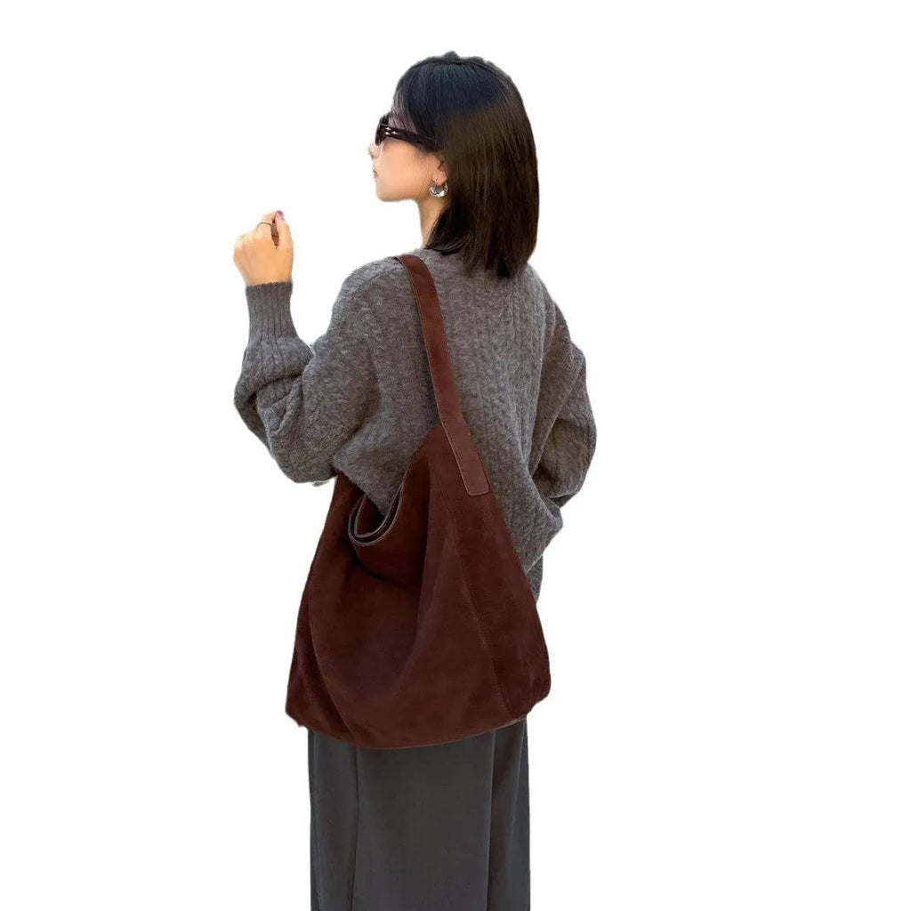 Women's minimalist loose suede shoulder bag in bucket shape, genuine leather, retro European style, 33x10x37cm