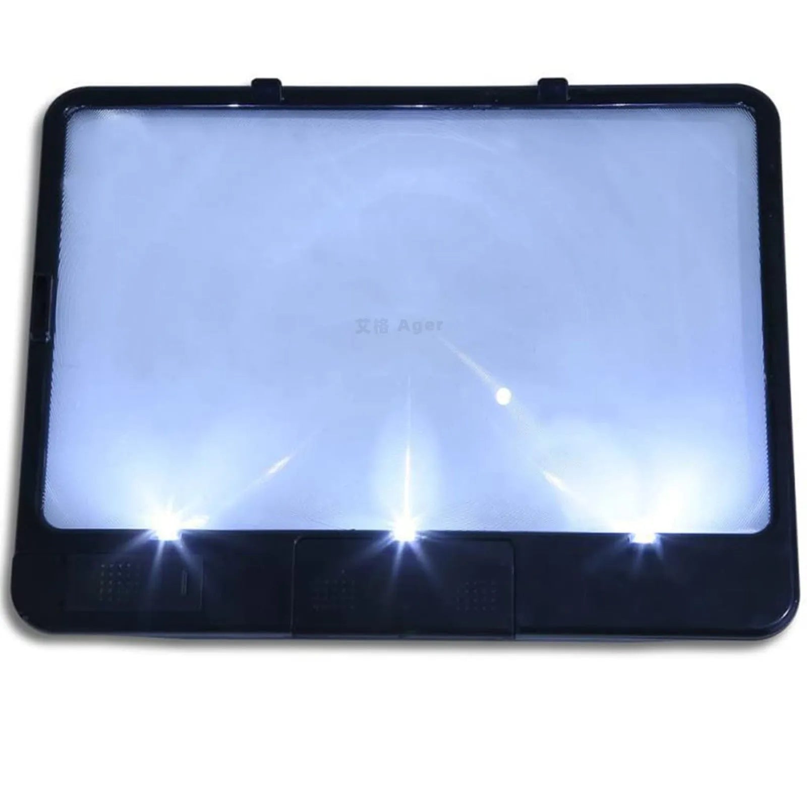 Black illuminated magnifying glass with 3x magnification and LED reading light on white background