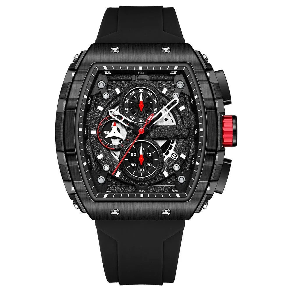 Curved mirror gradient hollow men's quartz watch with calendar, 33.38mm dial, silicone strap, black face