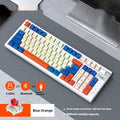 Bluetooth charging gaming mechanical keyboard in Blue Orange or Black Red, ABS body, 404 x 172 x 37.5mm, with USB receiver and 1.5m cable.