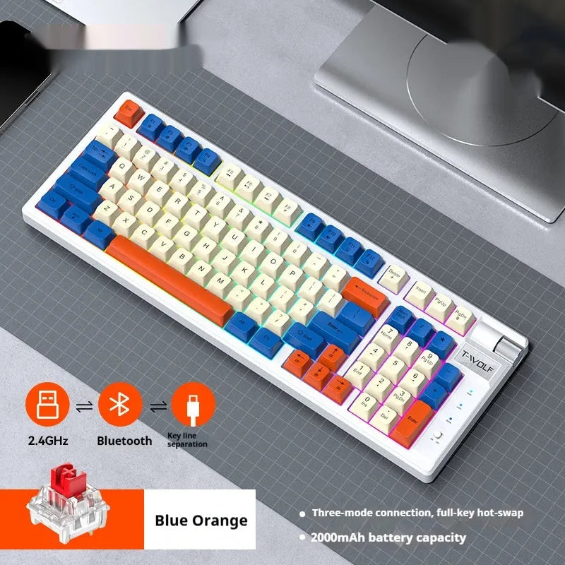 Bluetooth charging gaming mechanical keyboard in Blue Orange or Black Red, ABS body, 404 x 172 x 37.5mm, with USB receiver and 1.5m cable.