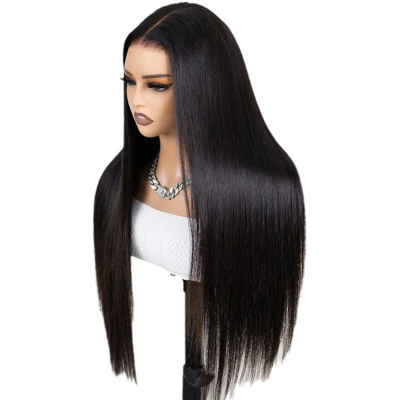 13x6 straight lace front human hair wig in black colour displayed at various lengths
