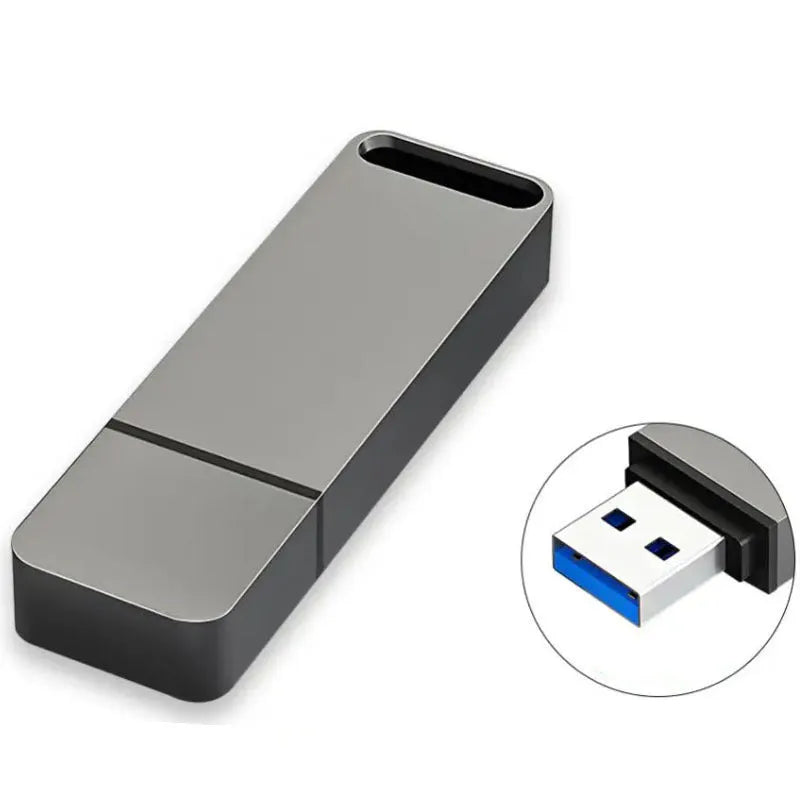 Customisable metal USB flash drive in black, red, or silver showing high capacity options up to 16TB.