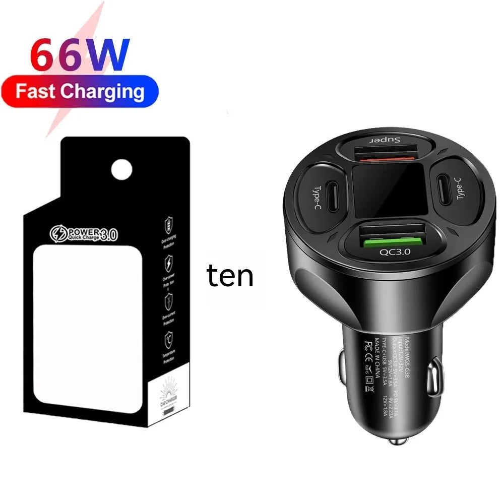 Black 66W digital display car charger with two USB ports and two Type-C ports