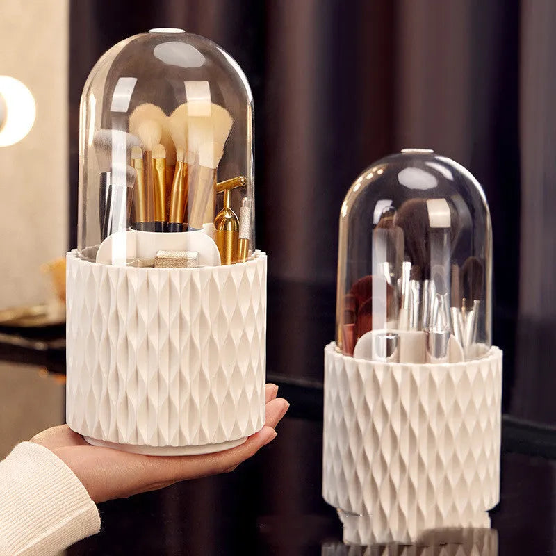 White rotating transparent acrylic makeup brush holder with dust-proof lid on desktop