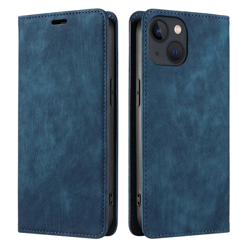 Magnetic flip phone case in leather for iPhone, shown open with cards in slots and closed with magnetic seal.