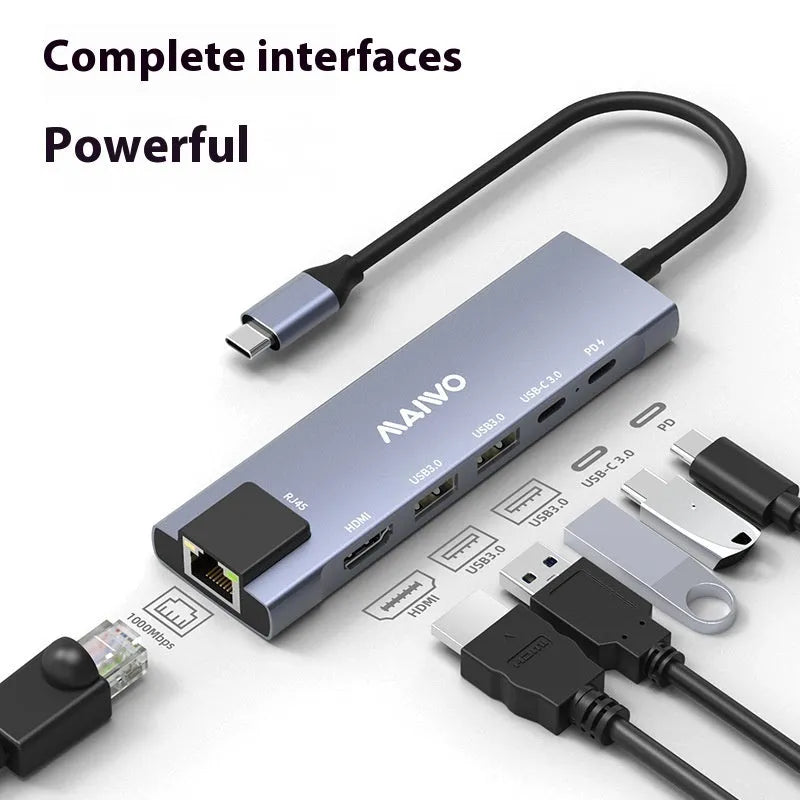 Steam Deck six-in-one aluminium docking station with Type-C cable, HDMI, USB, and Ethernet ports.