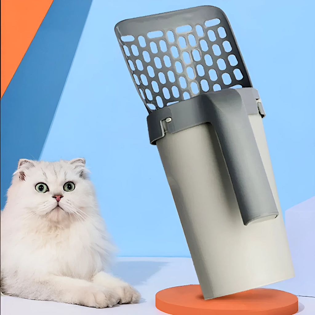 Grey PP cat litter shovel set with integrated storage box, filtering scoop, and 20x12x29cm size.