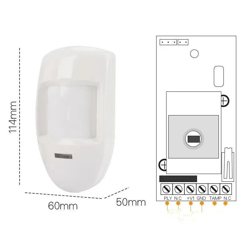 White wired PIR motion sensor, wall mounted, 120 degree, 6-10 m detection, NC relay alarm detector