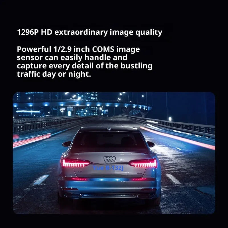 Mini Lite 1296p driving recorder with starlight night vision, 140-degree lens, and microUSB port on a car windscreen