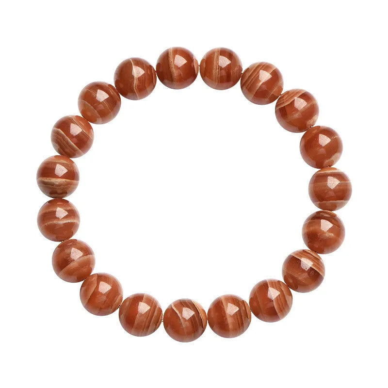 Natural Old Mine Rhodochrosite round bead bracelet with Ruyi design, shown in 6mm and 8mm sizes.