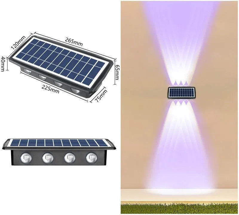 Solar outdoor wall light with 4 LED beads and glass polysilicon panel mounted on a garden wall