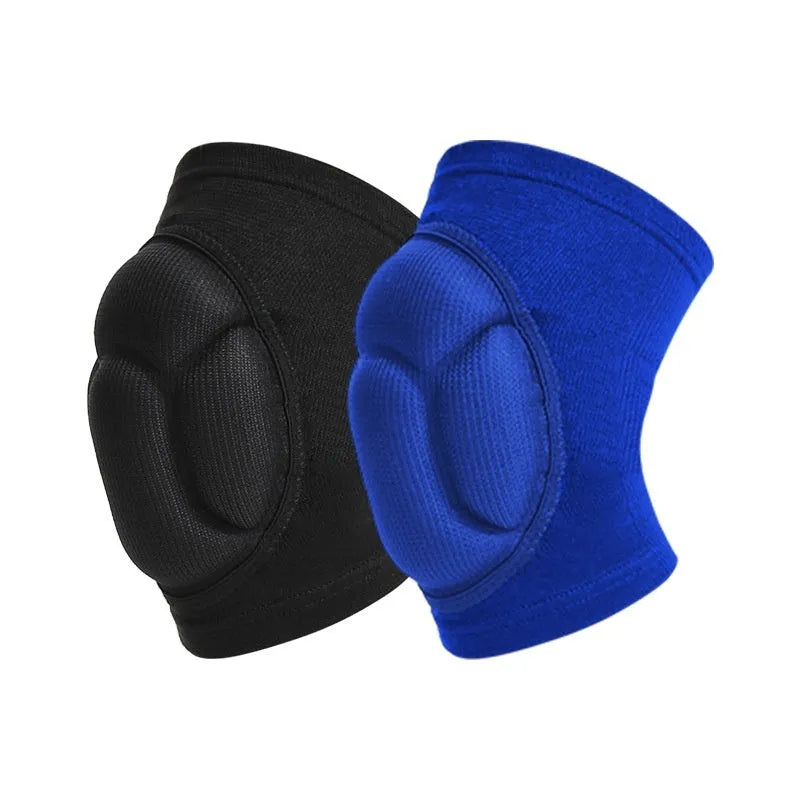 Pair of black thick sponge kneepads for dance and volleyball on a plain background