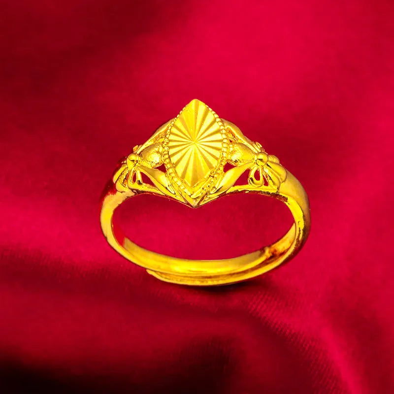 Women's electroplated brass ring with open diamond flower design and geometric texture in gold colour