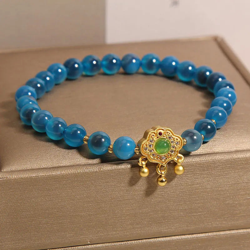 Blue sugar heart agate safety lock pendant women's bracelet with alloy inlay and rhinestones