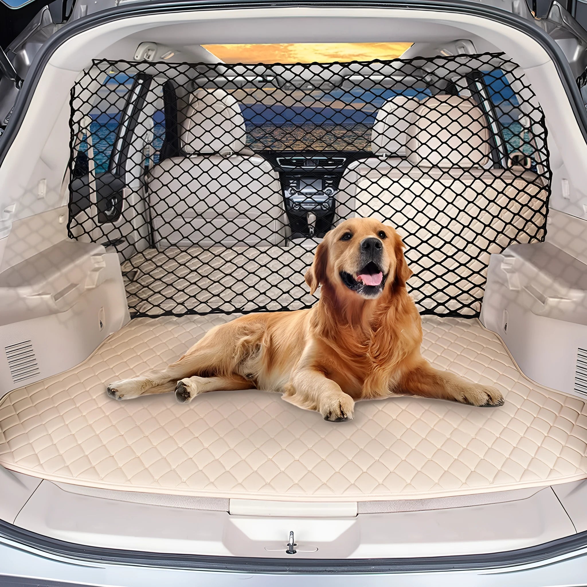 Black mesh dog car isolation net for hatchback, measuring 120cm by 70cm