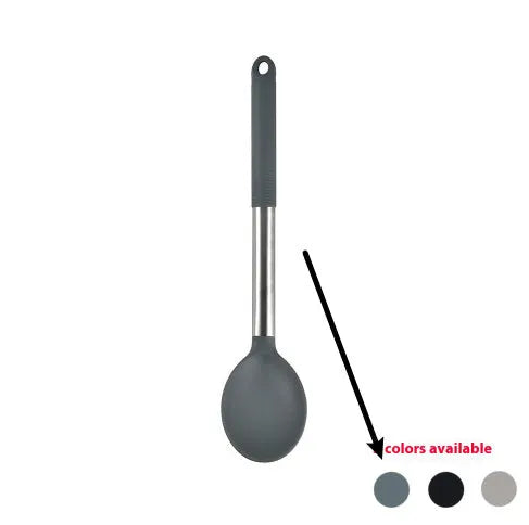Black silicone kitchen utensil set with 12 tools stored in a rotating plastic storage bucket on a worktop.