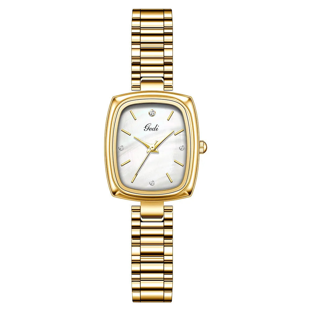 Small gold decorative watch with alloy case and strap, 8mm thick, gold face