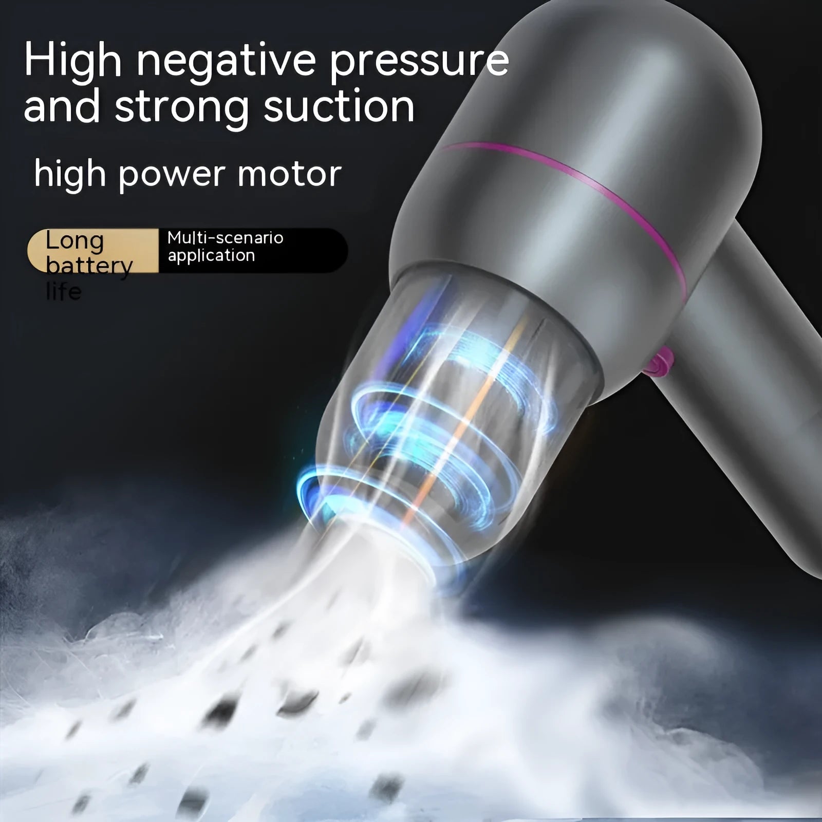 Grey handheld portable car vacuum cleaner with rechargeable battery and included nozzles