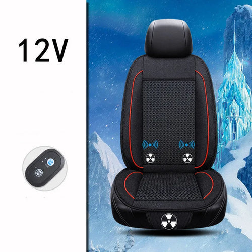 Black car ventilation seat cushion with massage function showing 60x60cm dimensions on vehicle seat