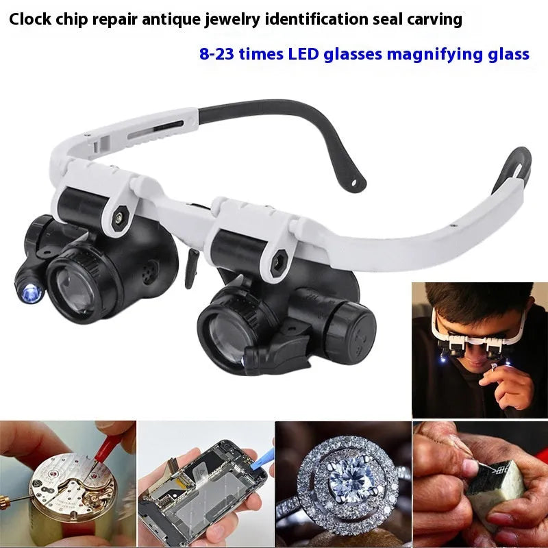 White head-mounted magnifying glass with LED light, shown folded and unfolded, for detailed repair work.