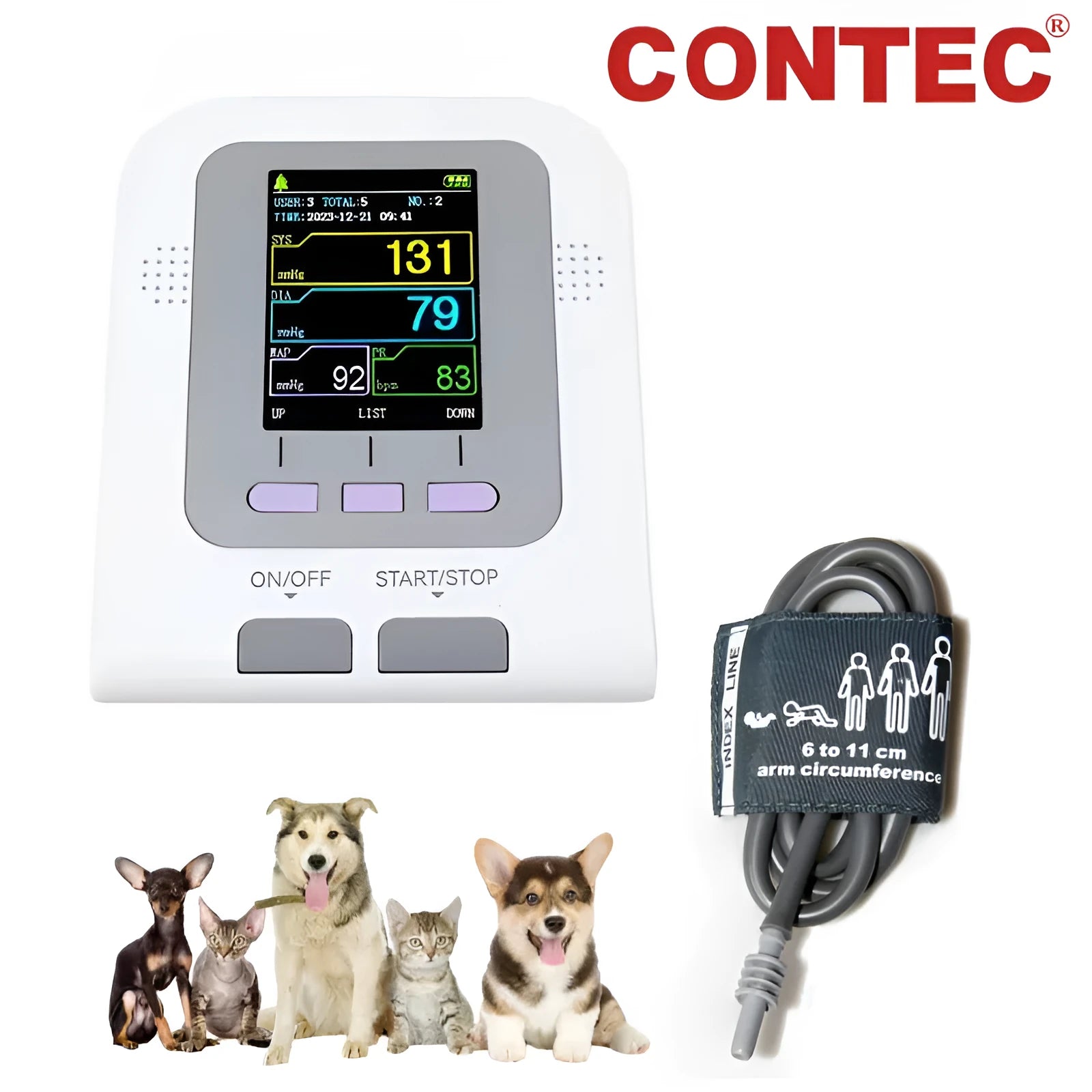 CONTEC08A-VET veterinary digital blood pressure monitor with colour screen and three animal cuffs.