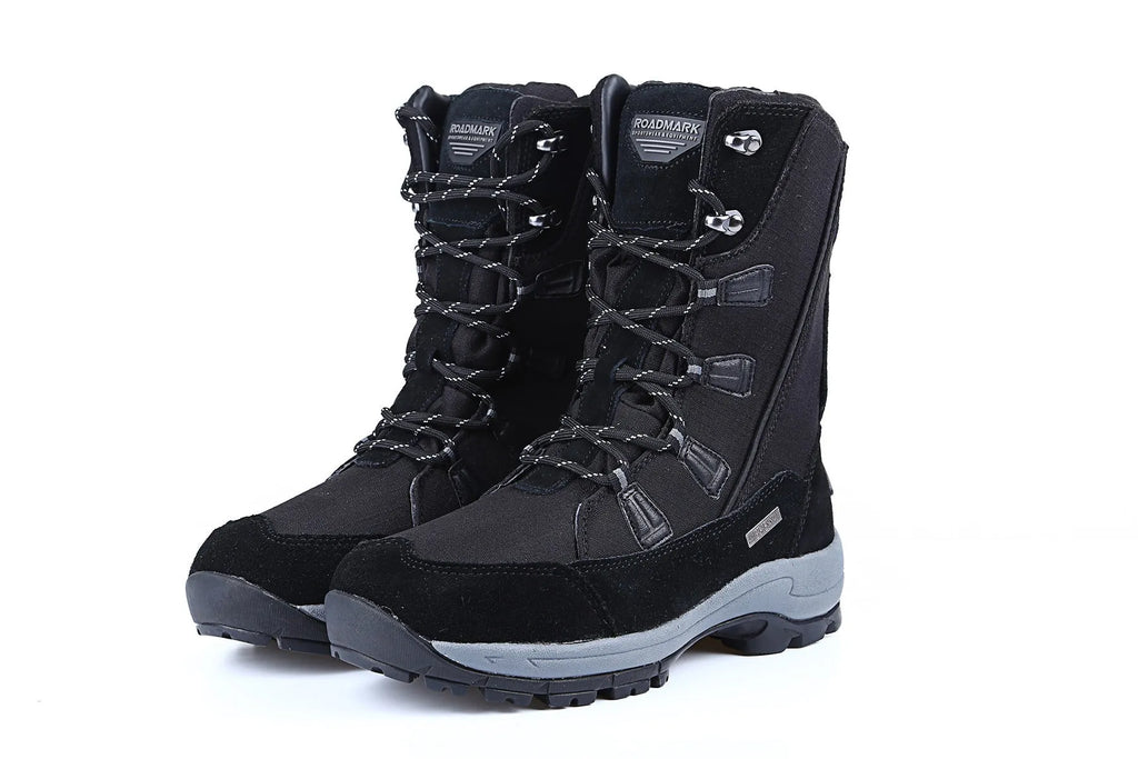 Women's black mid-calf thermal snow boots with a round toe and genuine leather upper on a rubber sole.