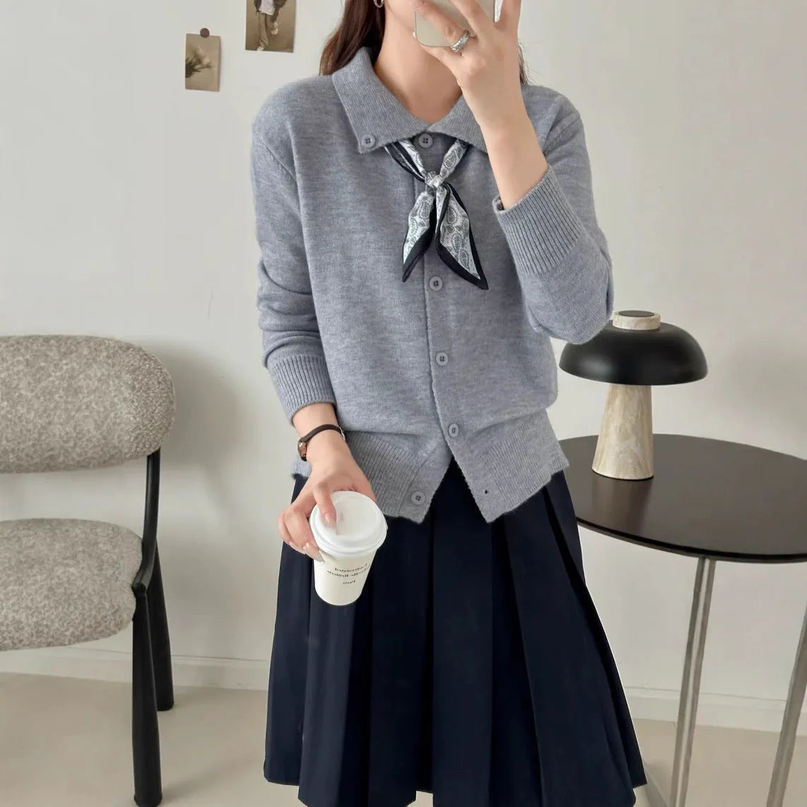 Lapel scarf cardigan sweater in free size with integrated scarf and regular long sleeves