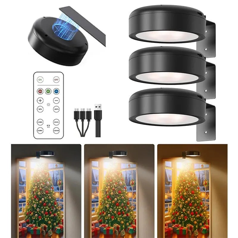 Black magnetic LED painting lamp with remote control on wooden surface
