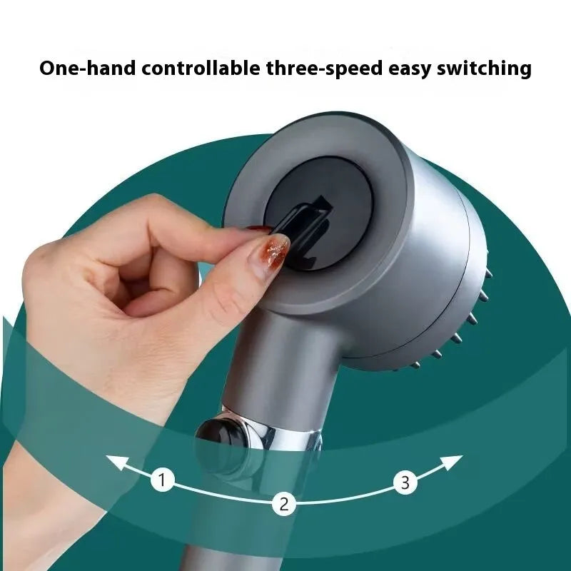 A portable ABS plastic shower head with a modern design, shown with three spray mode icons.