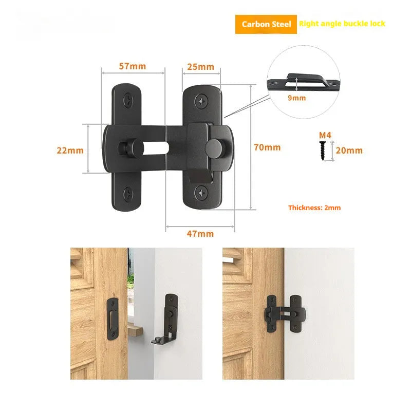 Black carbon steel warehouse hook lock with stainless steel components for sliding doors at 90-degree angle