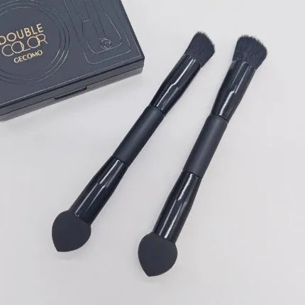 Double-headed miter sponge concealer brush with black wooden handle and artificial fibre heads