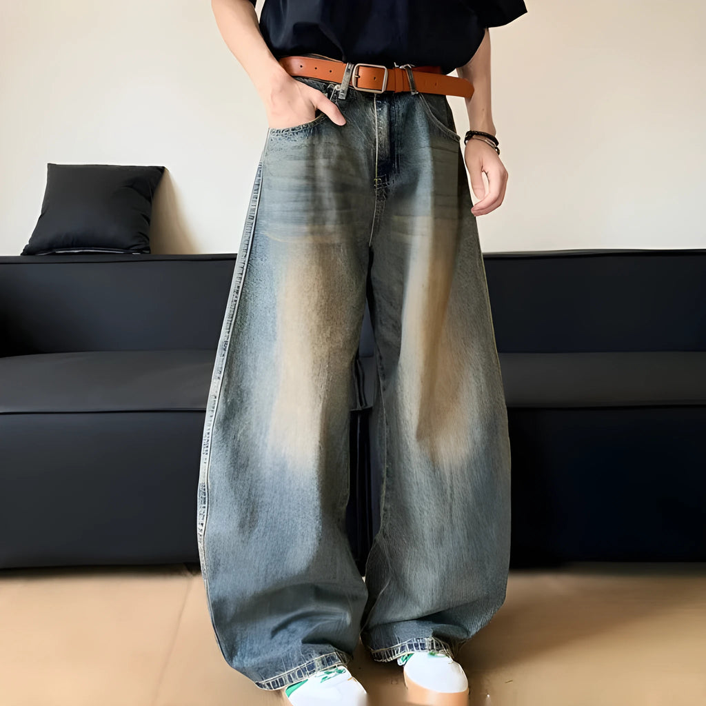 Men's retro blue distressed wide-leg jeans with micro elasticity cotton blend fabric