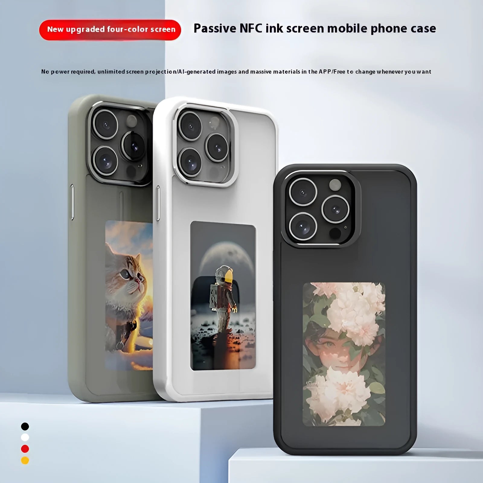 Graphite black iPhone case with NFC projection screen and unfolded bracket shell standing upright.
