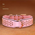 Leather dog collar with metal rivets and buckle in chocolate colour on a white background.