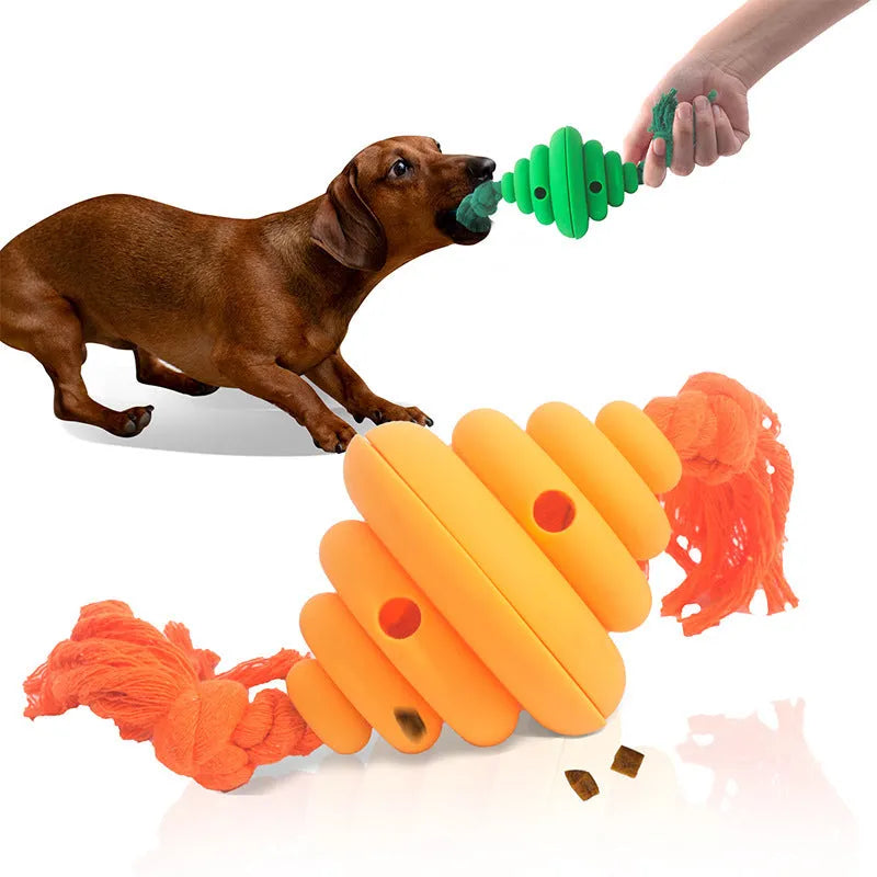 Green and yellow split spiral dog ball toy with rope for tug of war and treat dispensing