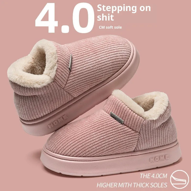Women's ankle wrap cotton slippers in brown, plush upper, non-slip EVA sole, flat heel, round toe, indoor thermal shoes