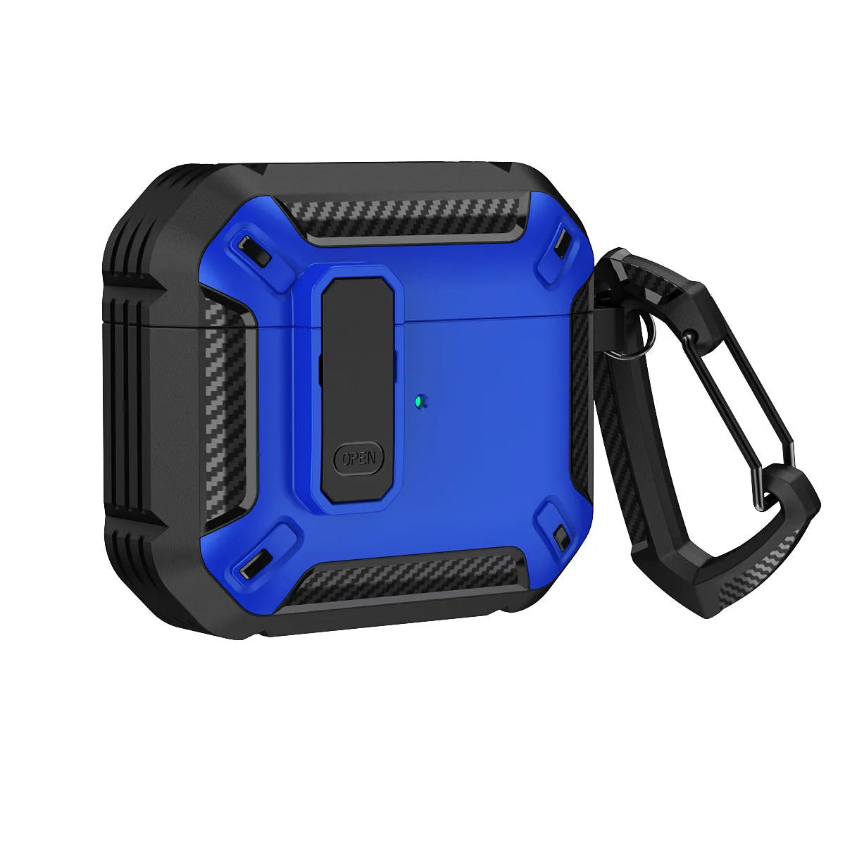 Two-tone plastic clamshell protective case for Apple AirPods with a metal carry hook attached.