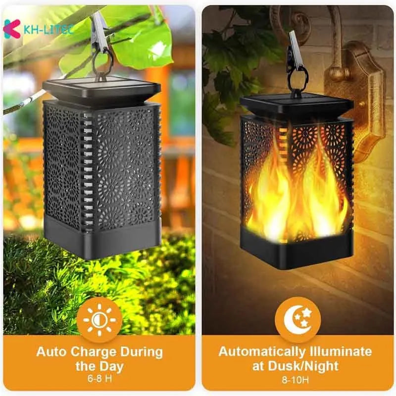 Set of four black solar-powered hanging torch lights with flickering flame LED for outdoor garden use.