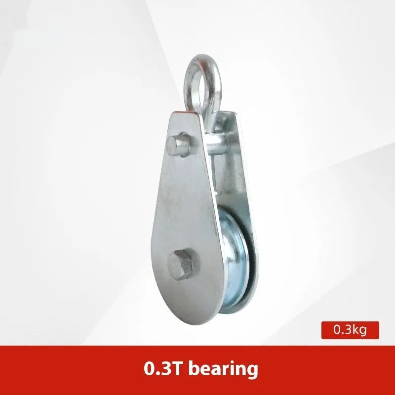 Red industrial lifting pulley with safety latch and forged steel construction