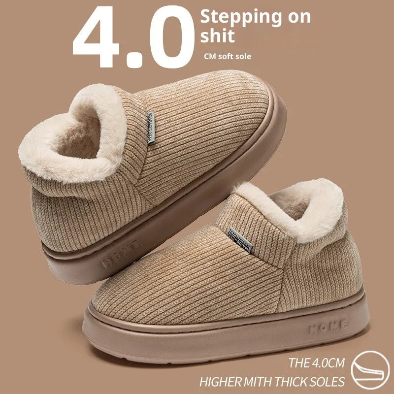 Women's ankle wrap cotton slippers in brown, plush upper, non-slip EVA sole, flat heel, round toe, indoor thermal shoes