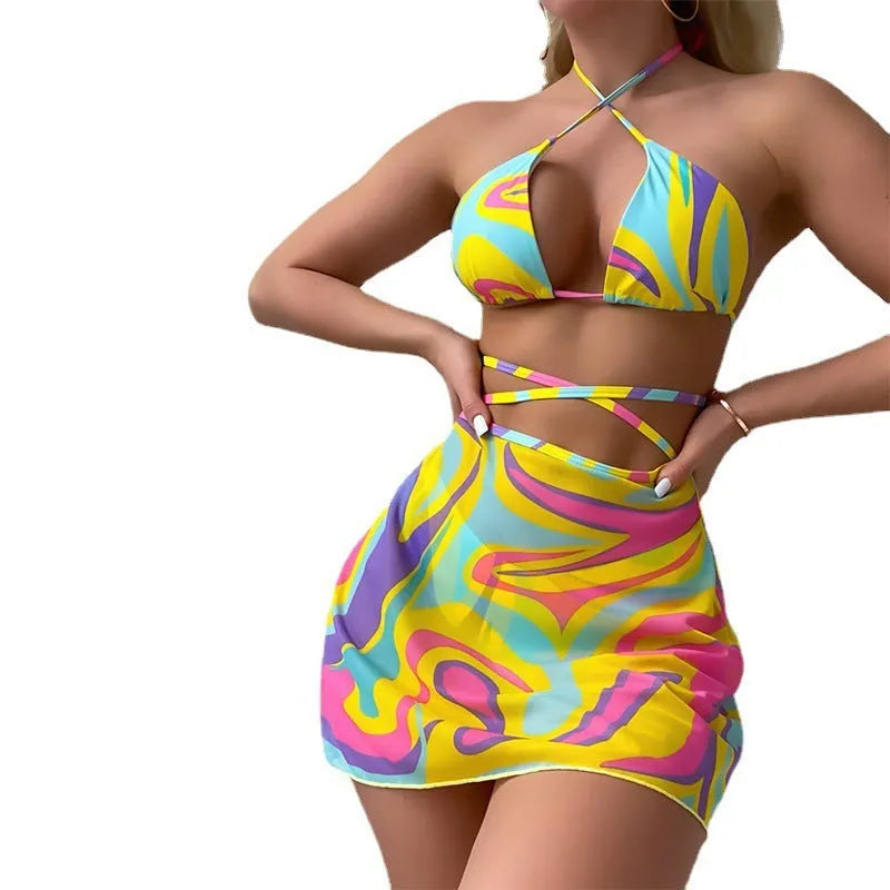 Yellow striped halter lace-up swimsuit set for women with matching skirt and shorts