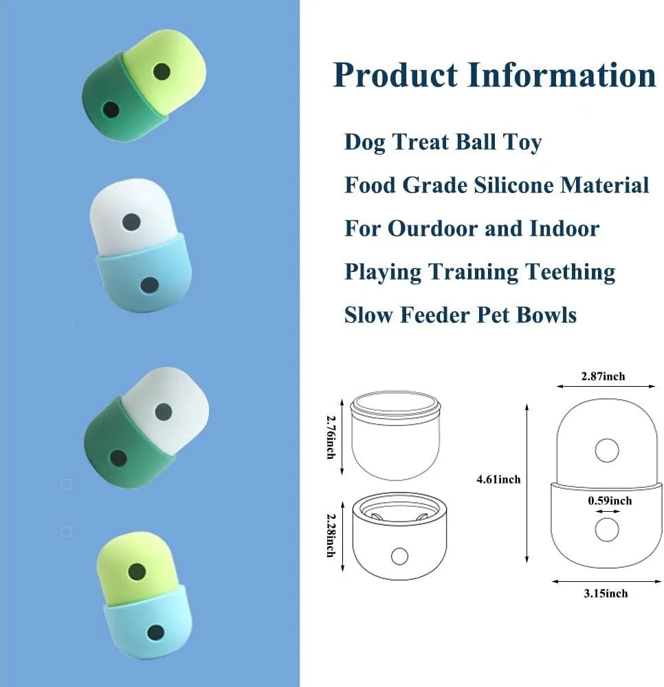 White and blue silicone dog treat puzzle ball toy on a wooden floor.