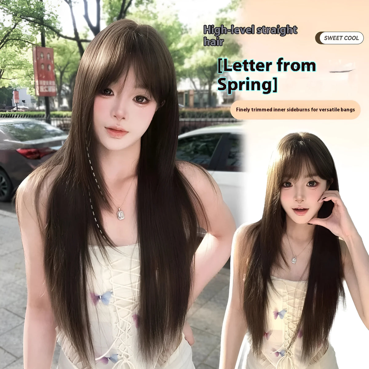 Brown black simulation wig with high-temperature fiber and wear-free hair net for ladies, natural look.