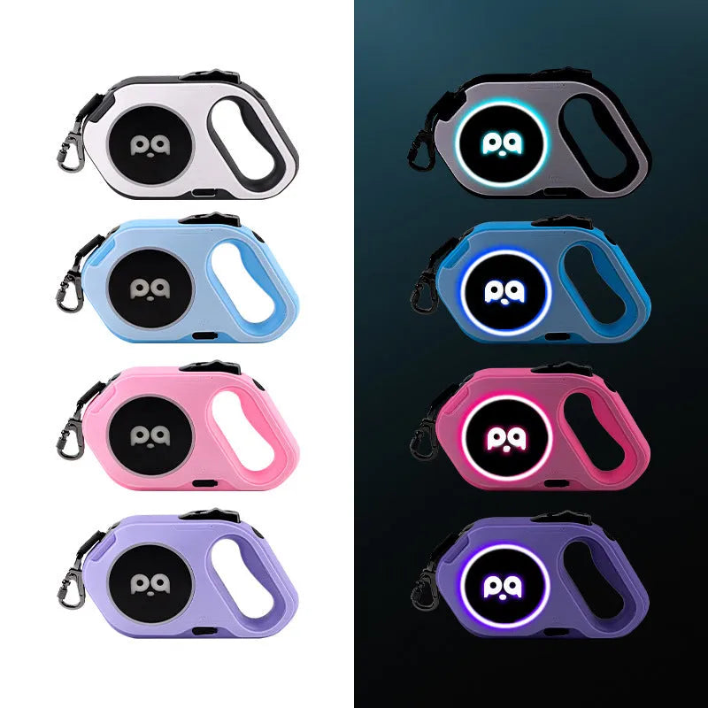 New LED light retractable dog leash with USB rechargeable light in black and white on outdoor background
