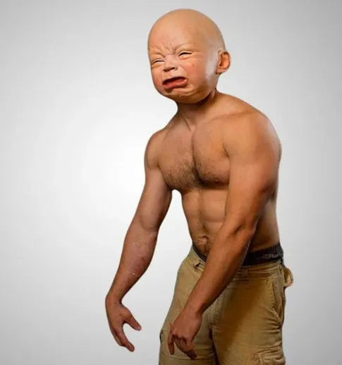 Latex baby face mask in angry, crying, or smiling doll style, 26cm x 26cm, for Halloween parties.