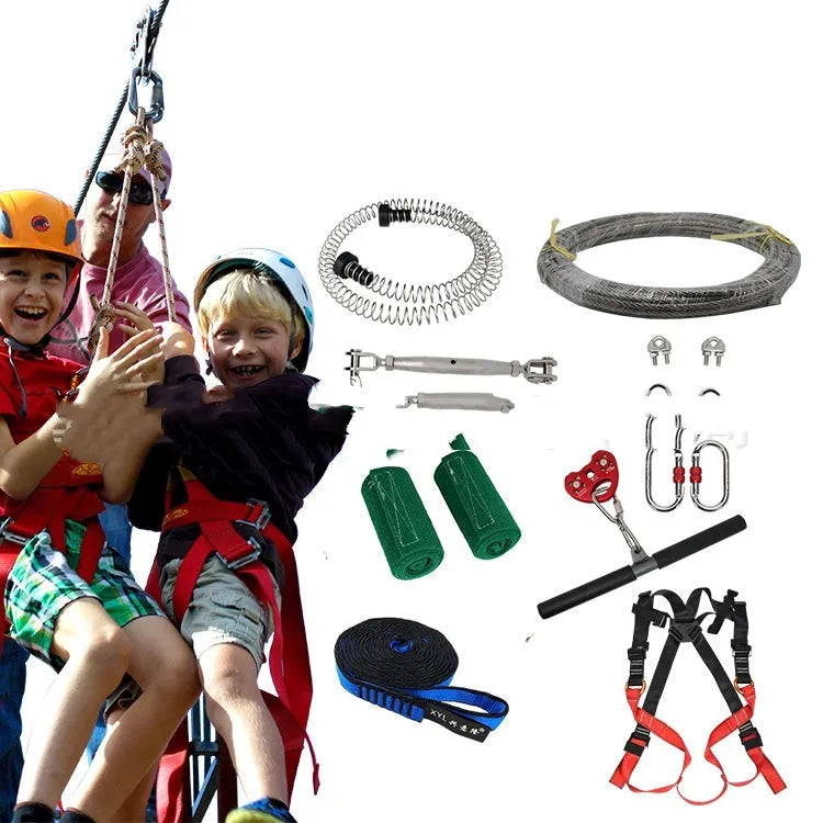 Ziptreck children's pulley slide rope system with handle control, alloy steel components, and 10-metre suit length