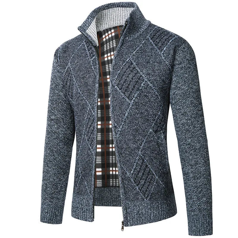 Men's thick cotton blend stand collar zipper cardigan sweater in light gray, long sleeves, size M to 3XL