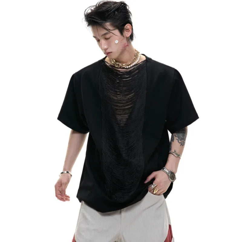 Men's black V-neck loose fit polyester short sleeve T-shirt with three-dimensional cutting